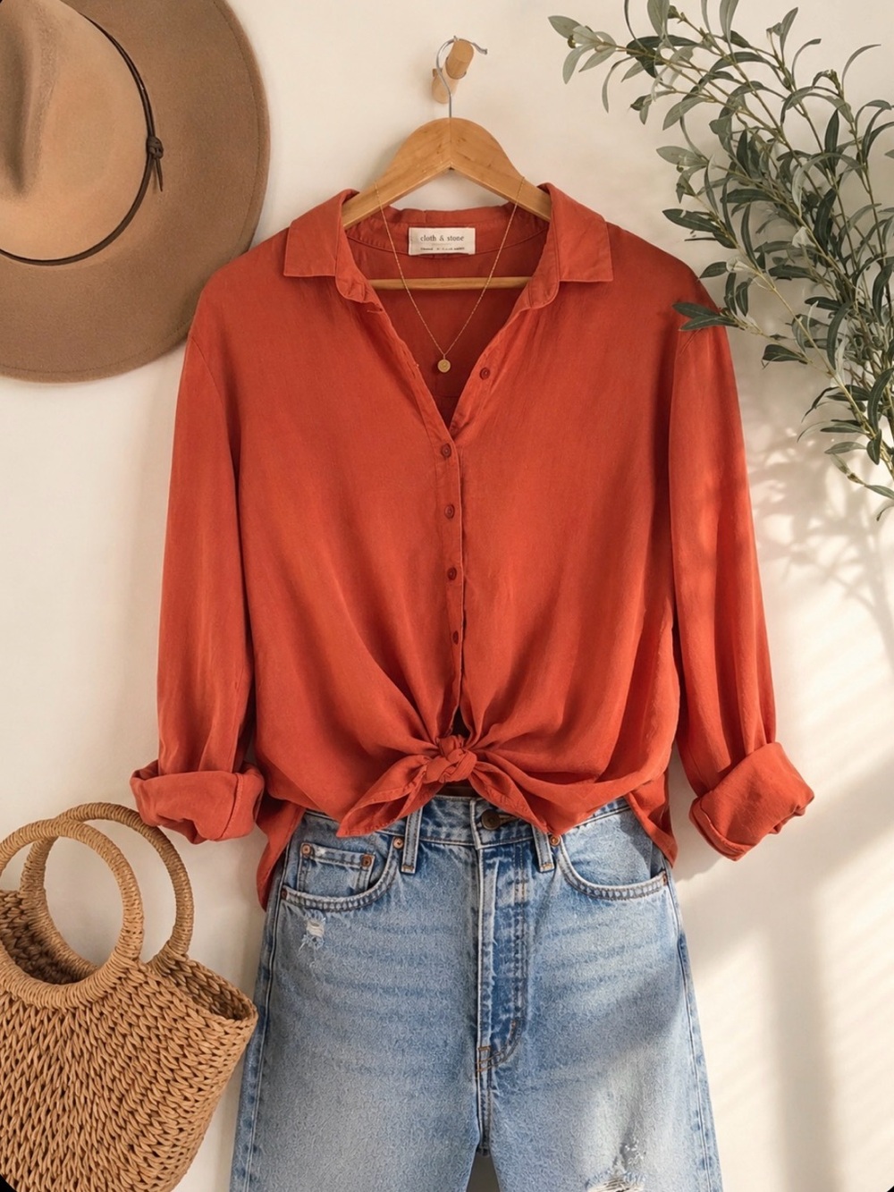 Cloth & Stone Anthro Tie Front Blouse Coral Button Up Top Long Sleeve Boho M